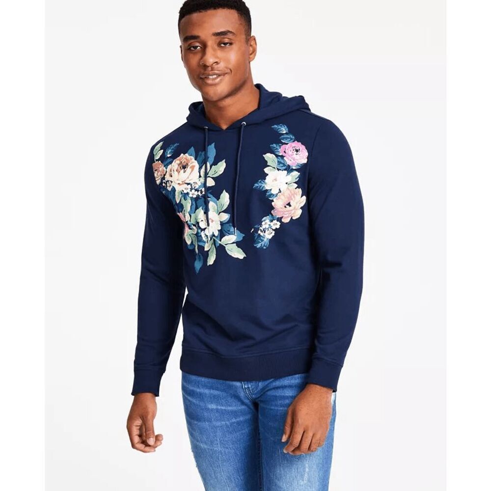 INC International Concepts Men's Andres Floral-Print Hoodie - Basic Navy XS
